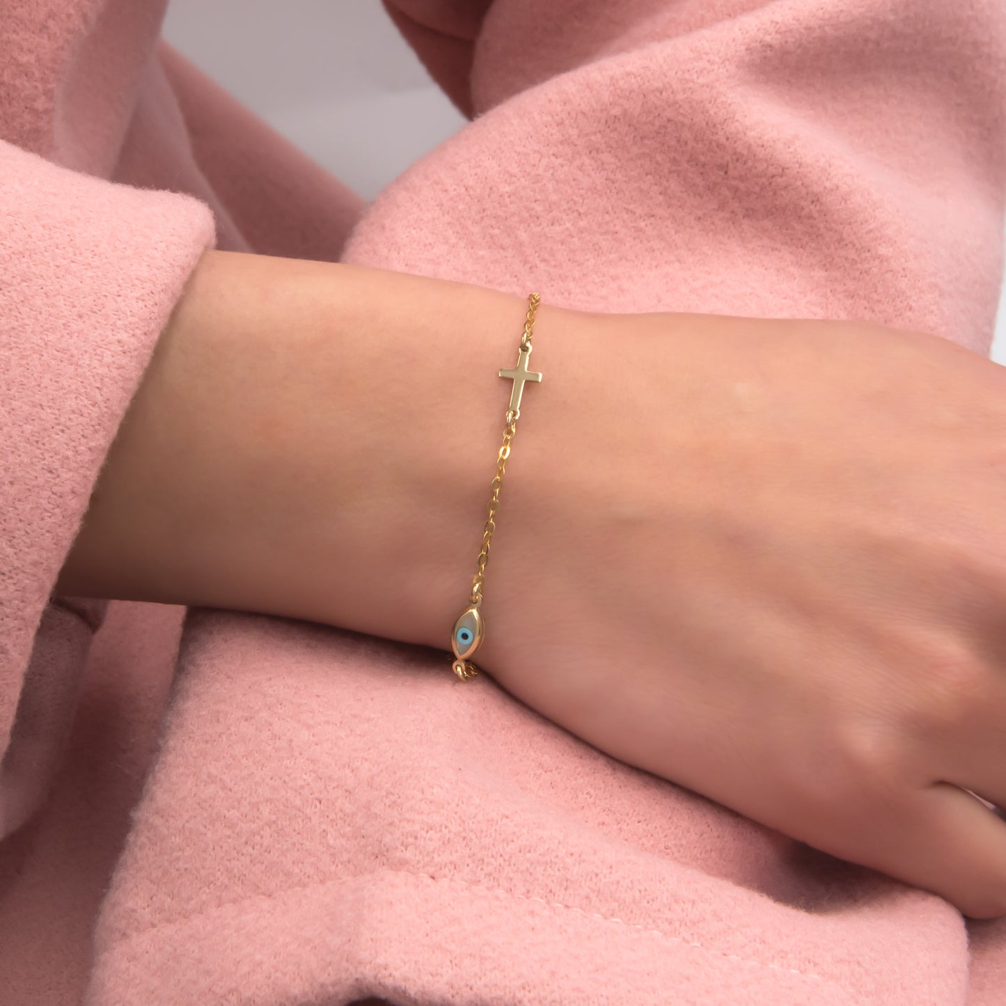 Sideways Cross and Evil Eye Bracelet