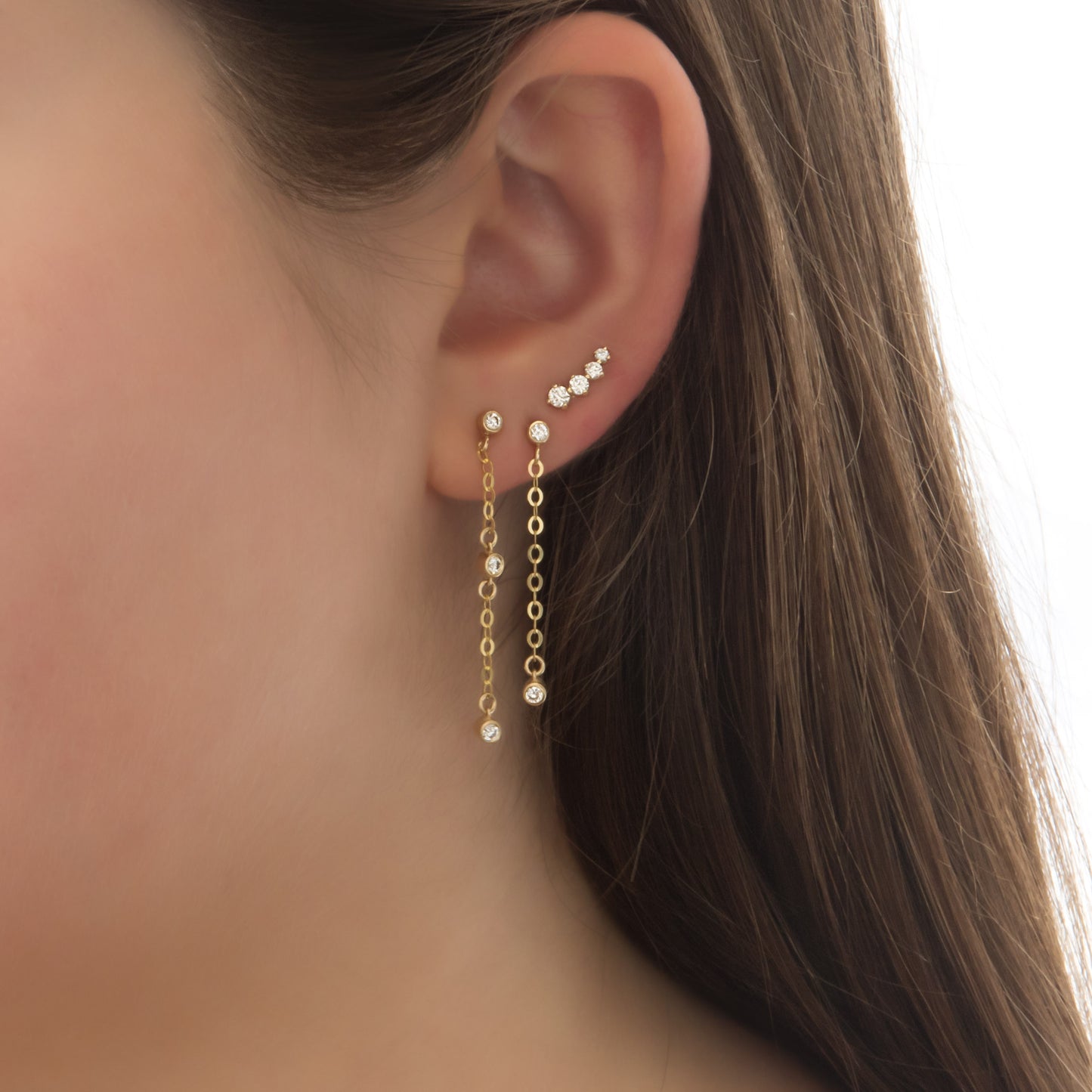 14K Solid Gold Diamond Chain Drop Earrings – 3 Lab-Grown Diamond Dangle Earrings