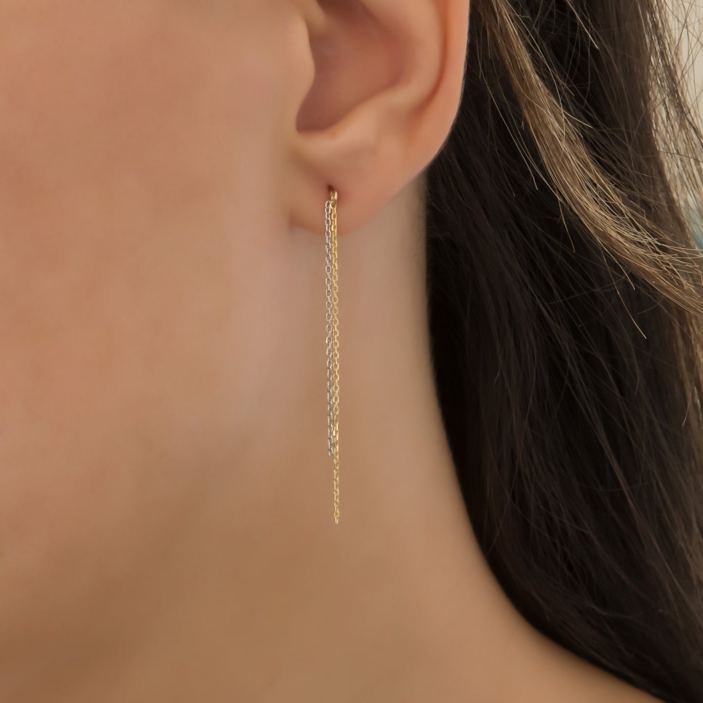 14K Two-Tone Threader Earrings – Yellow & White Gold Chain Earrings