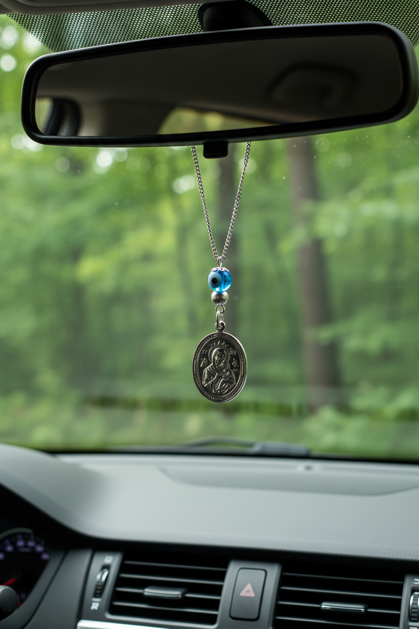 Car dashboard with a decorative pendant hanging from the rearview mirror, with a blurred green outdoor background.