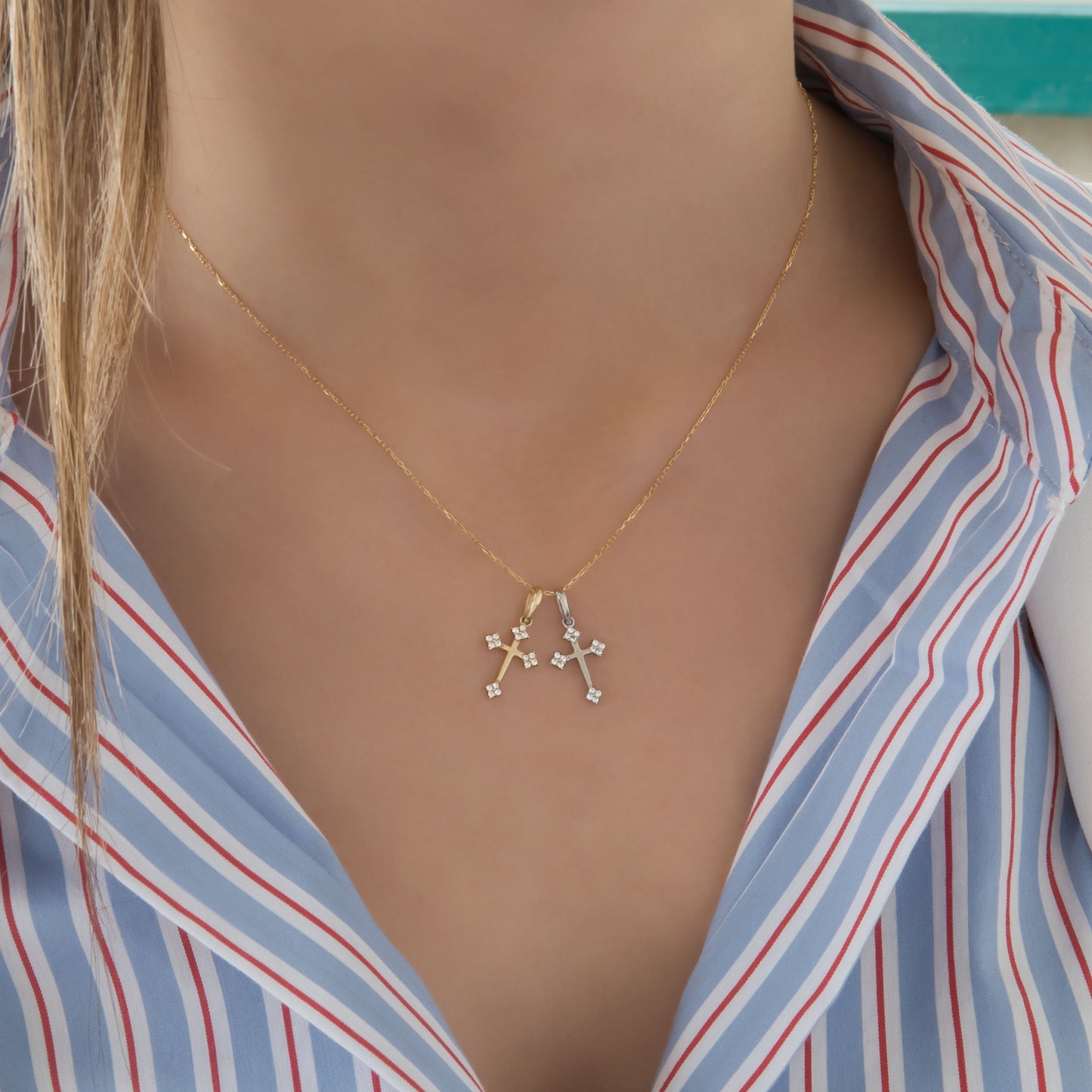 Solid Gold 14k Cross Necklace with Petal Ends