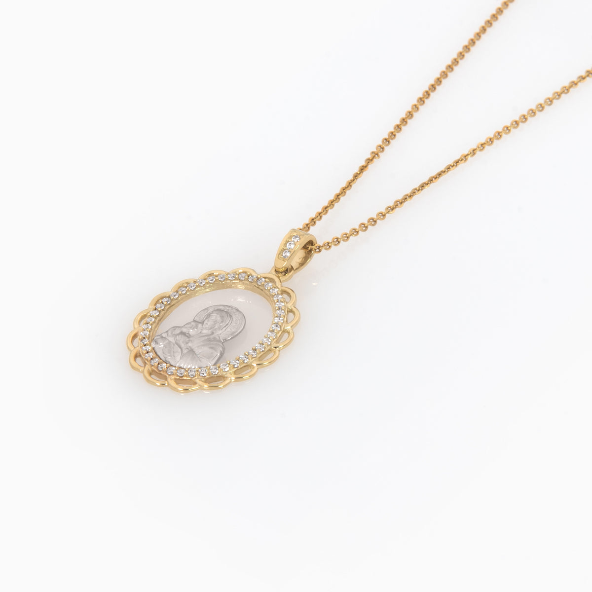 14K Two-Tone Gold Virgin Mary Medal – Vintage Oval Pendant with CZ Halo
