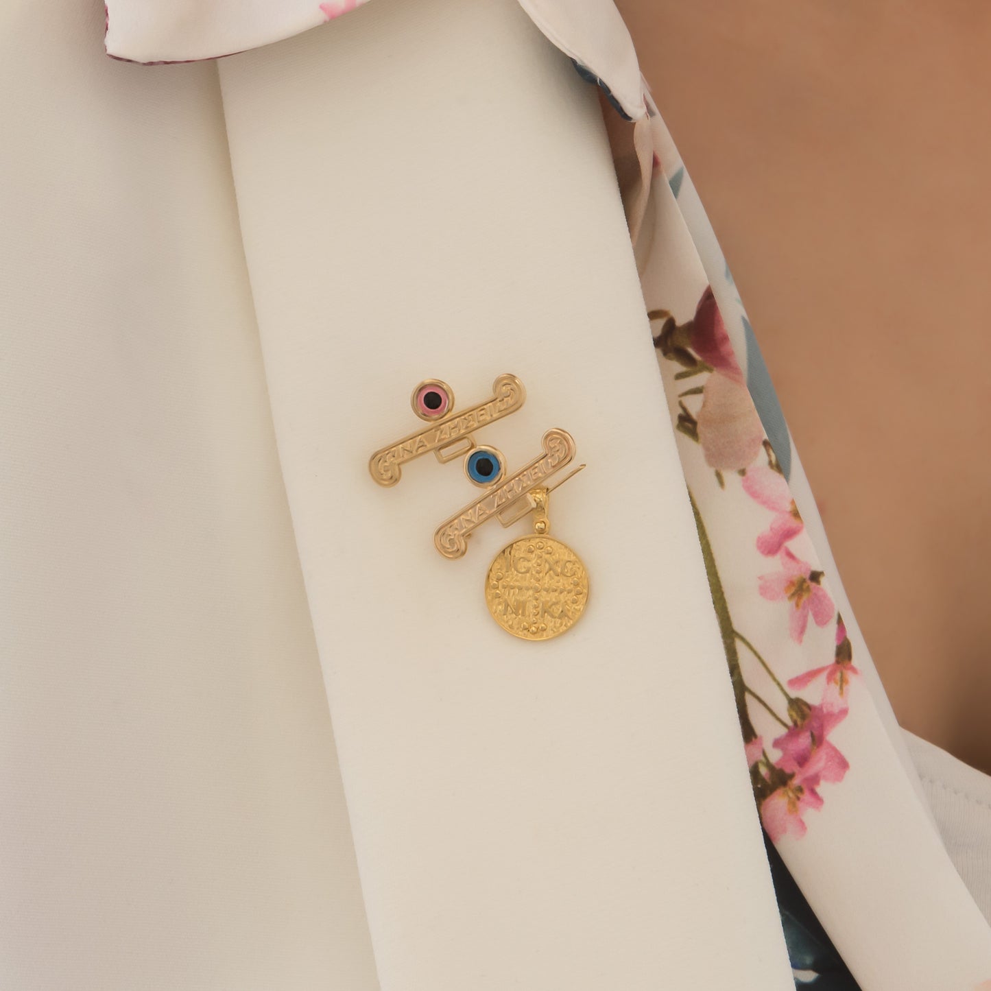 Gold Baptism Baby Pin with Evil Eye