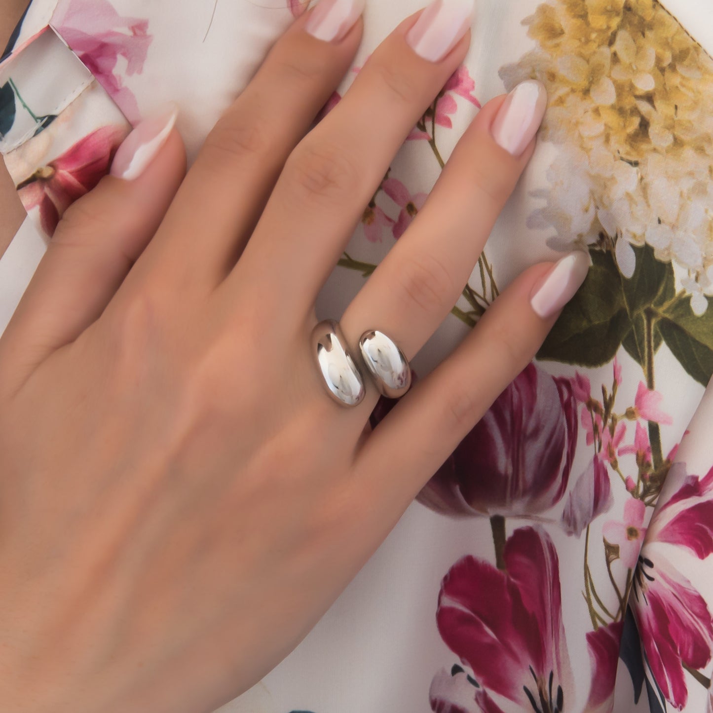 Silver Bypass Ring with Open Dome Design