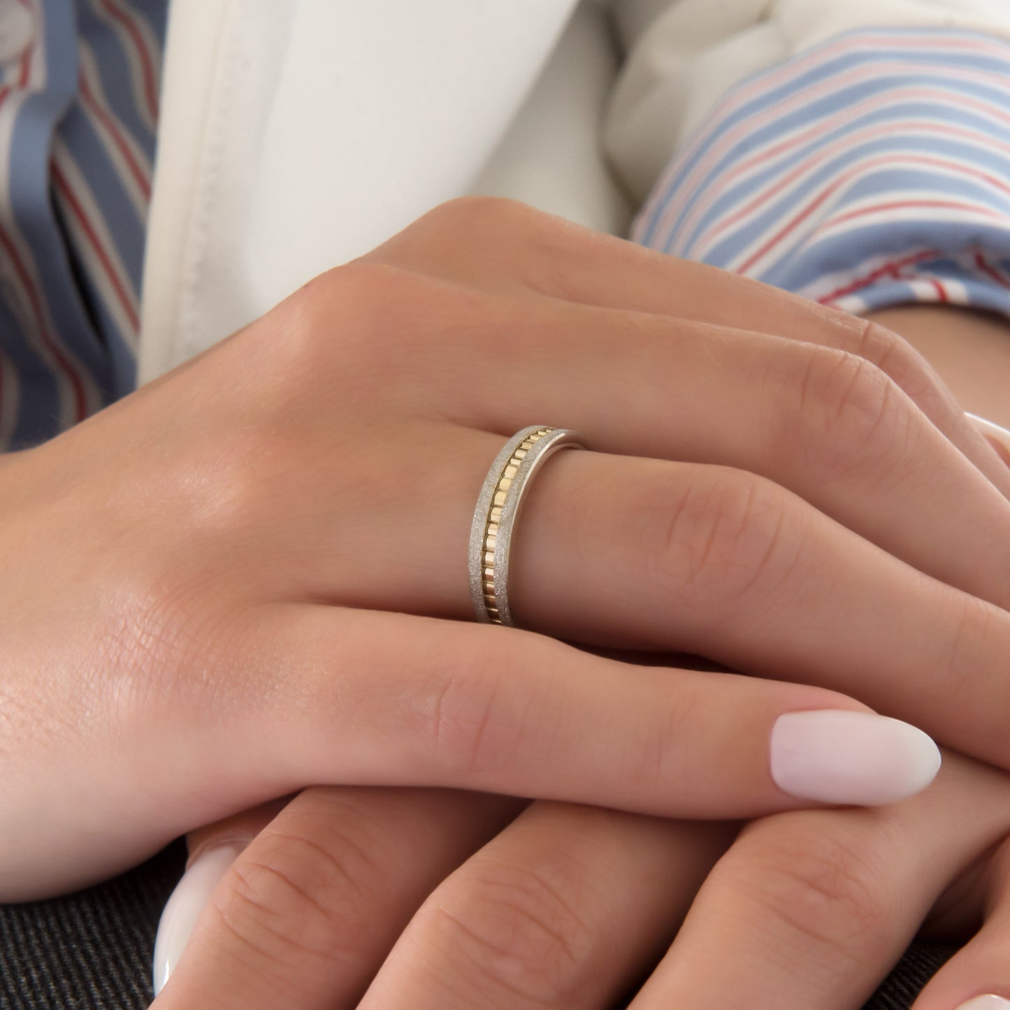 Two Tone Sterling Silver & Solid Gold Ribbed and Matte Band Ring