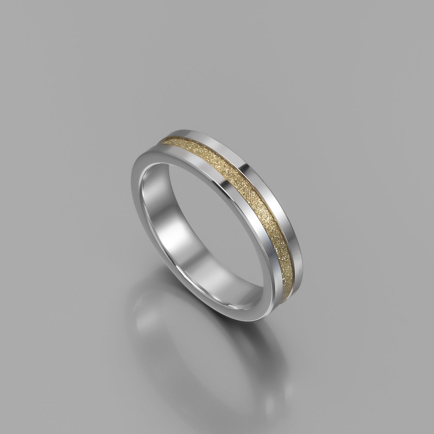 Sterling Silver Wedding Band with Hammered-Effect Solid Yellow Gold Inlay