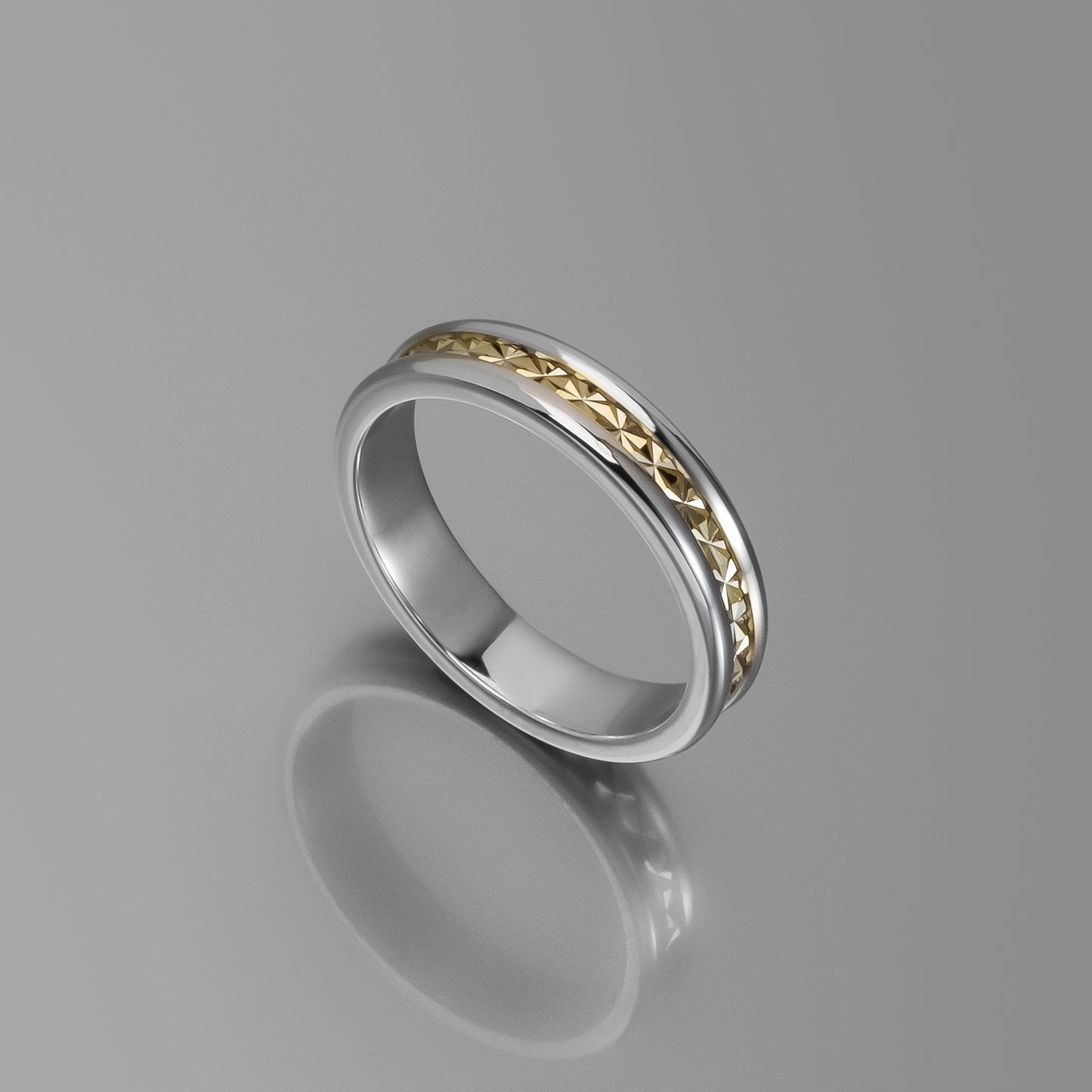 Sterling Silver Wedding Band with Star-Burst Engraved Solid Gold Inlay