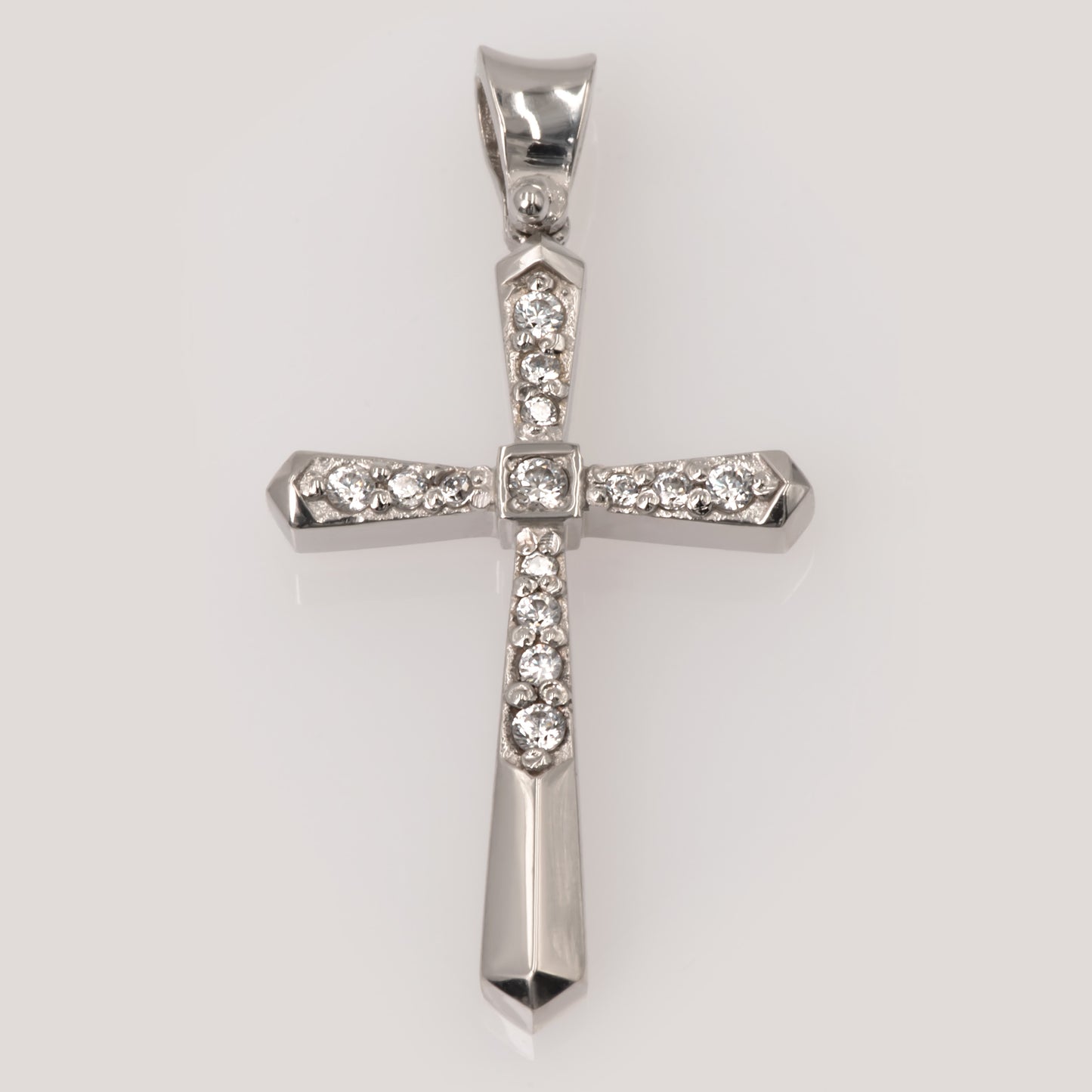 14K White Gold Cross Pendant with White CZ Stones