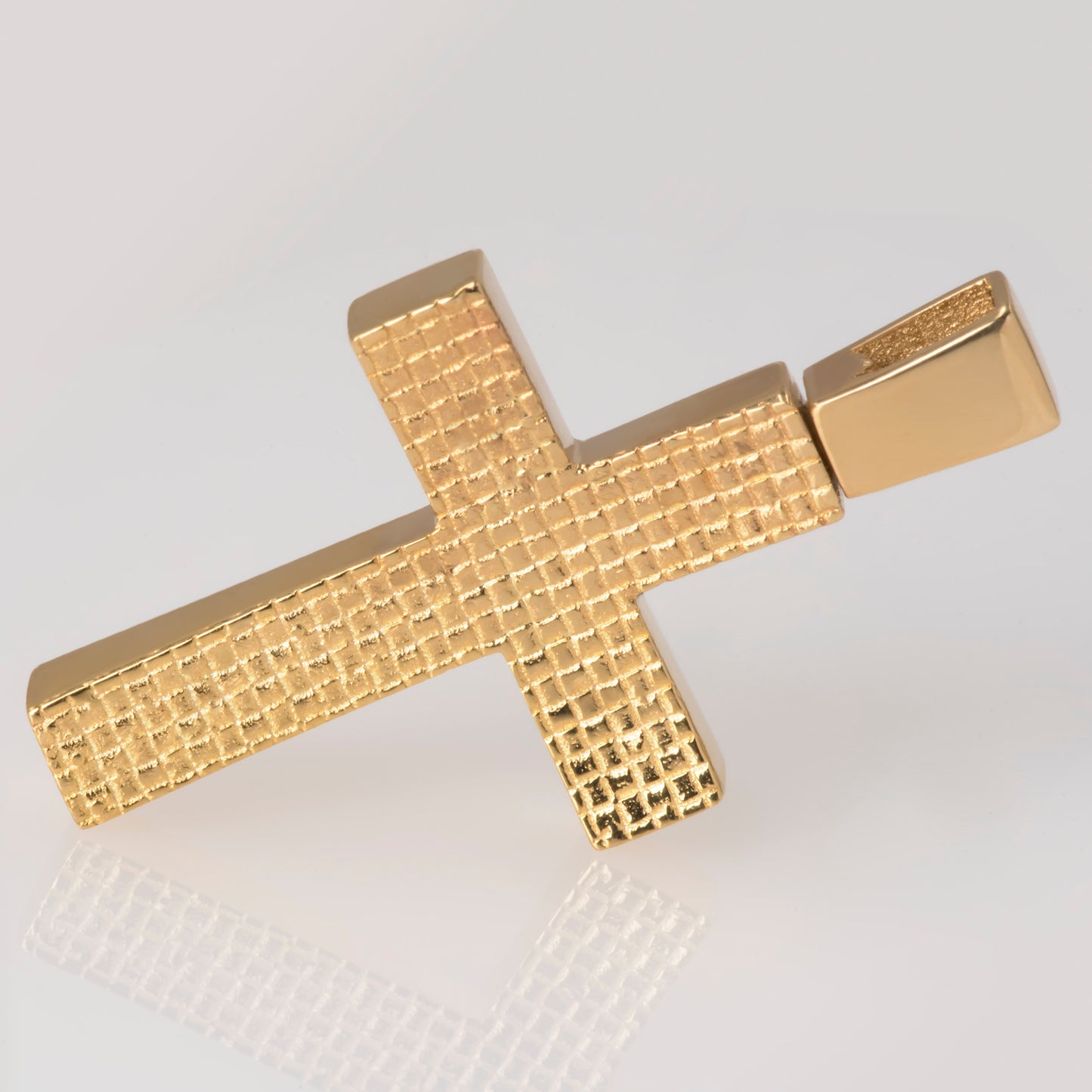 14K Gold Curved Cross Pendant with Engraved Small Squares