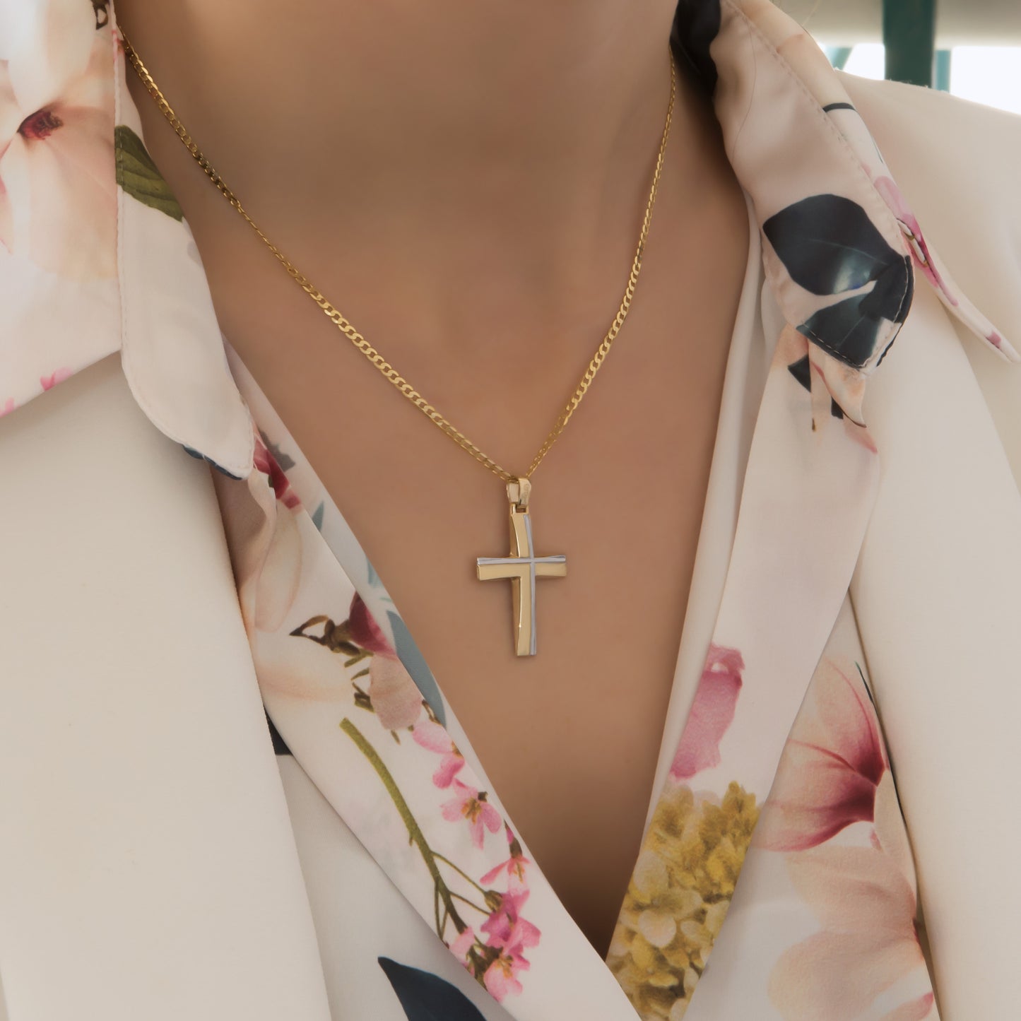 Modern Two-Tone Asymmetrical Cross Pendant