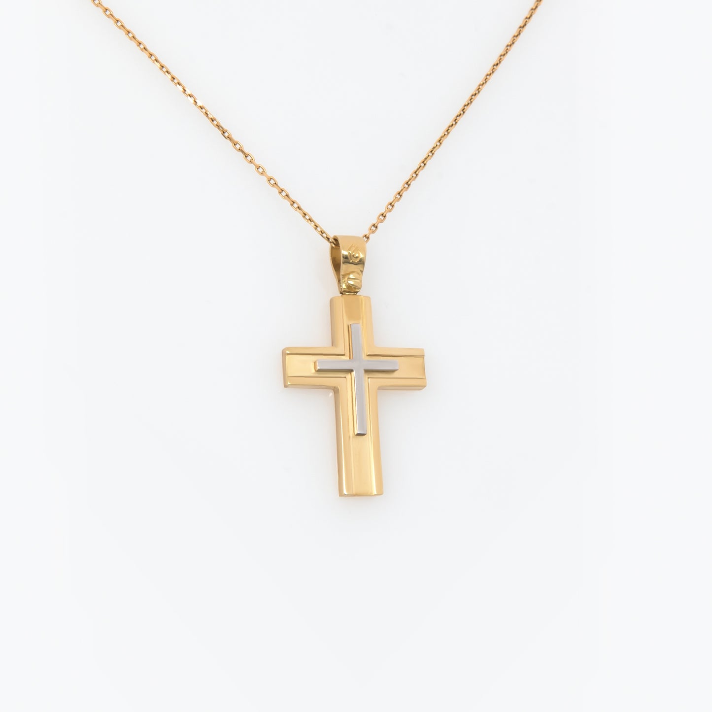 Yellow Gold 14K Flat Two-Tone Cross with White Gold Center – Polished & Matte Finish