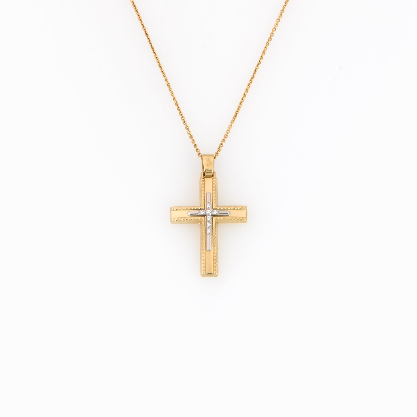 Two-Tone Solid Gold Cross Milgrain Pendant with CZ Accents