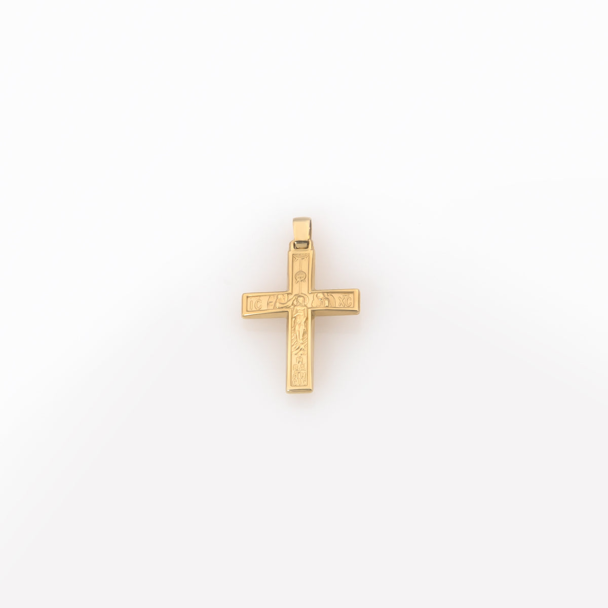 Bicolor-Kreuzanhänger aus massivem Gold – Polierte Mitte mit matten Kanten und Gravur der Taufe Christi