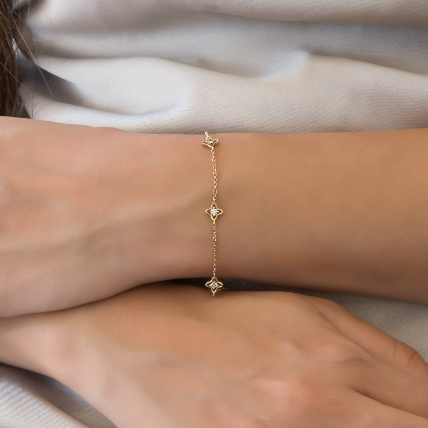 14K Gold Clover Diamond Station Bracelet – Triple Floral Lab-Grown Diamond Bracelet