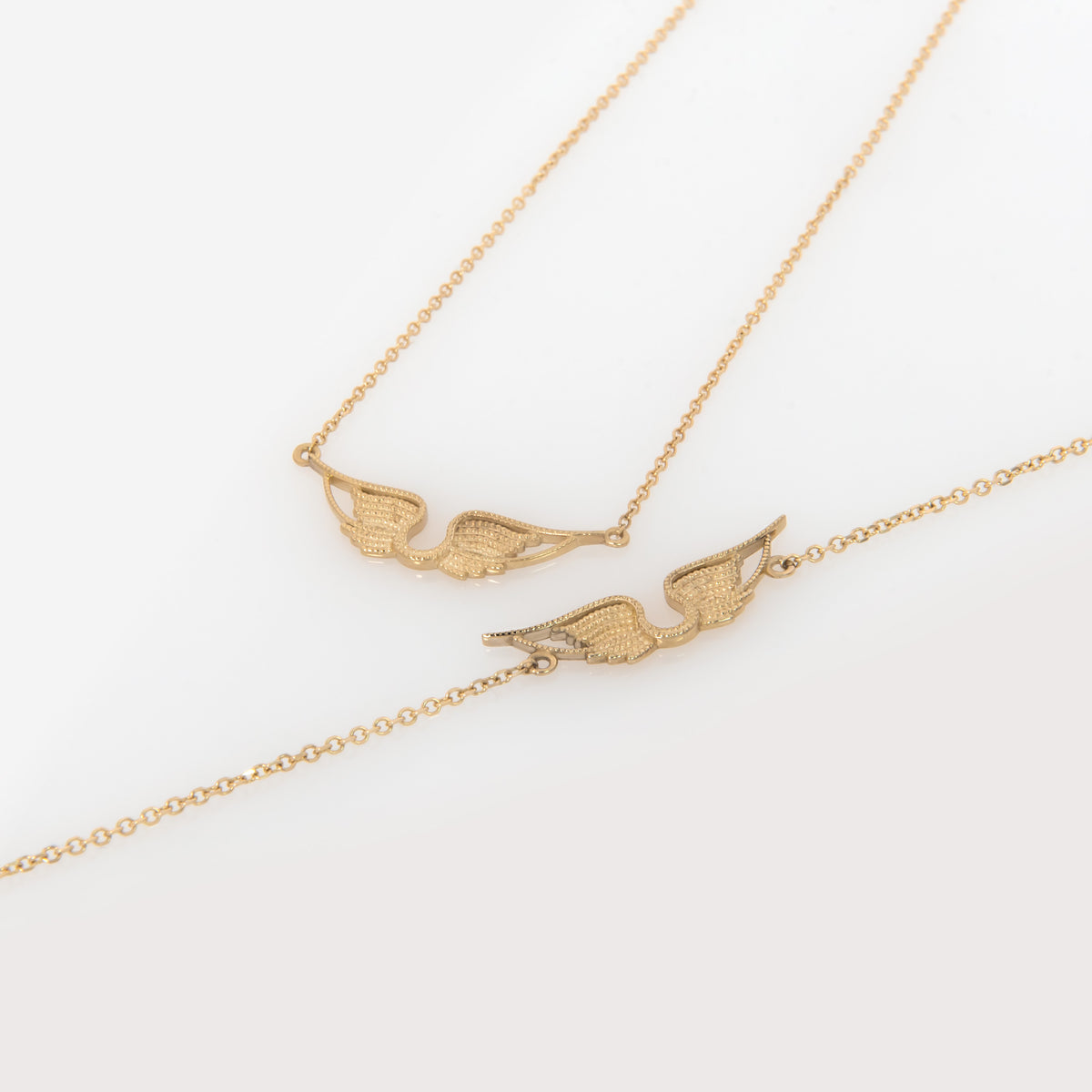 14K Solid Gold Angel Wings Bracelet – Milgrain Wings Charm with Adjustable Chain
