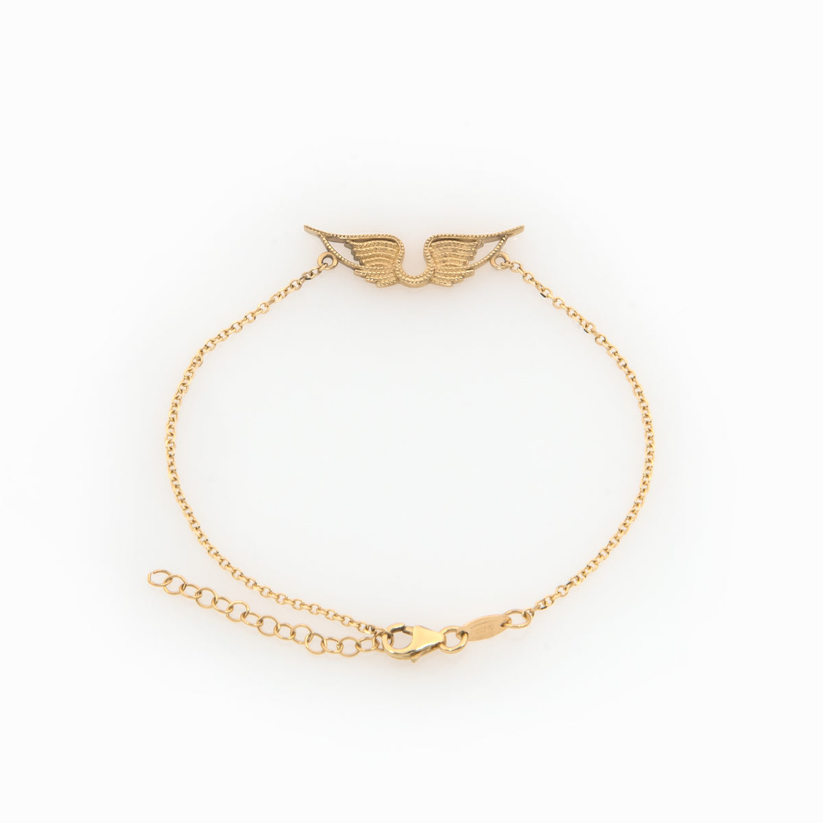 14K Solid Gold Angel Wings Bracelet – Milgrain Wings Charm with Adjustable Chain