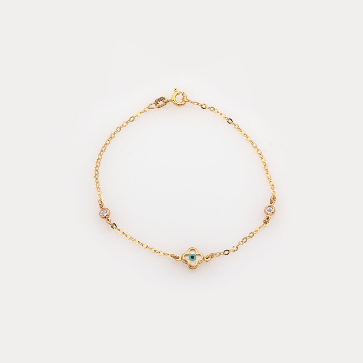 9K Massivgold-Armband mit Kleeblatt – Perlmutt und schützendem Auge mit Zirkonia