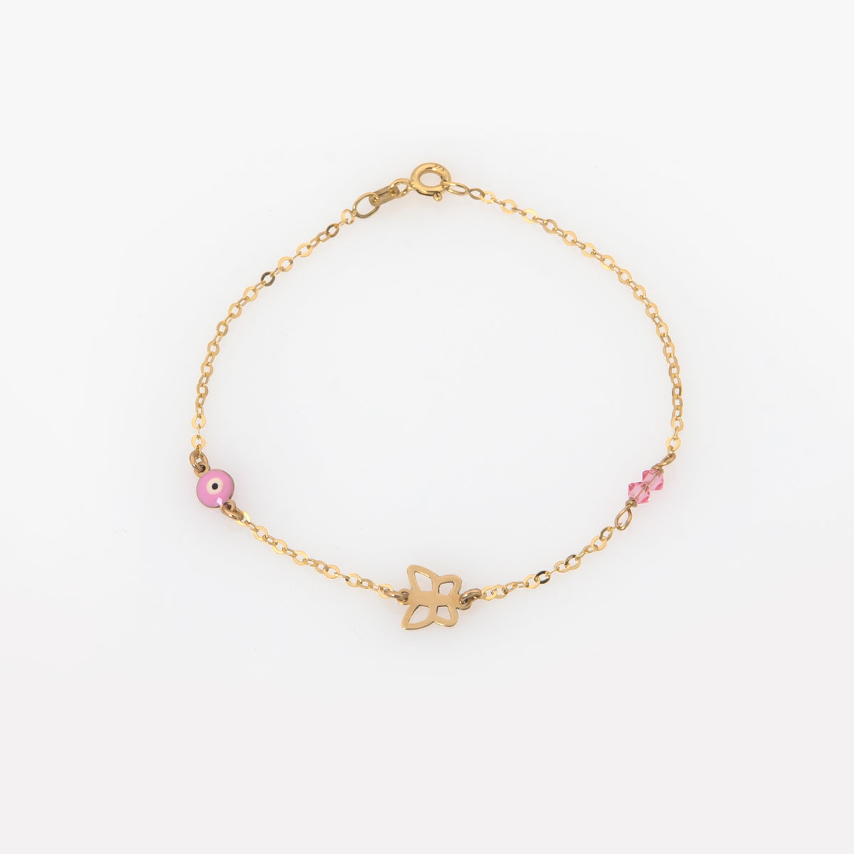 9K Gelbgold-Schmetterlingsarmband – Rosa Emaille-Schutzauge & Swarovski-Zirkonia