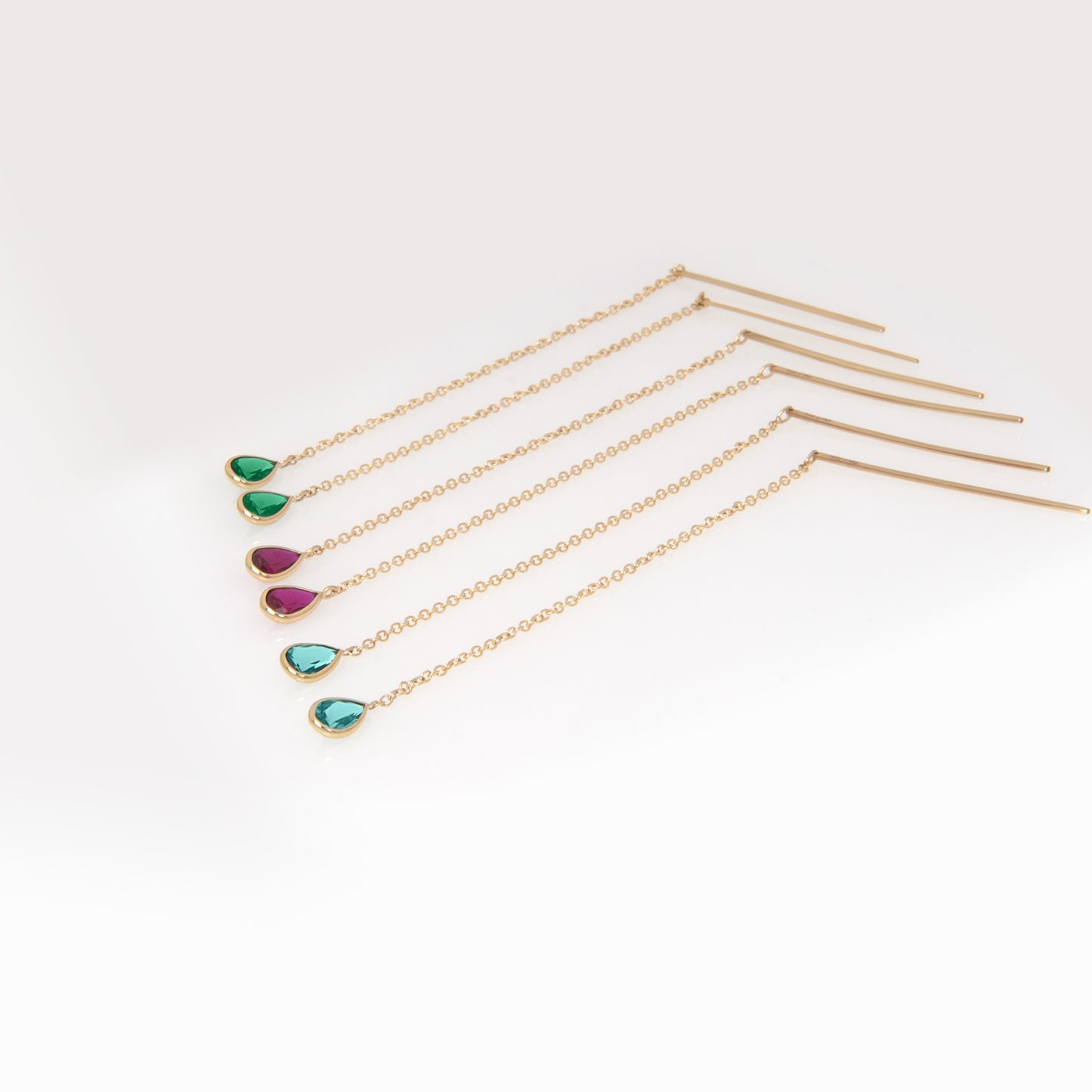 Solid Gold Threader Birthstone Earrings – Pear Shaped Gemstone Chain Earrings