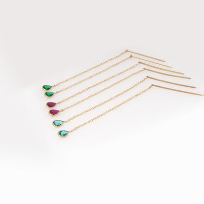 Solid Gold Threader Birthstone Earrings – Pear Shaped Gemstone Chain Earrings