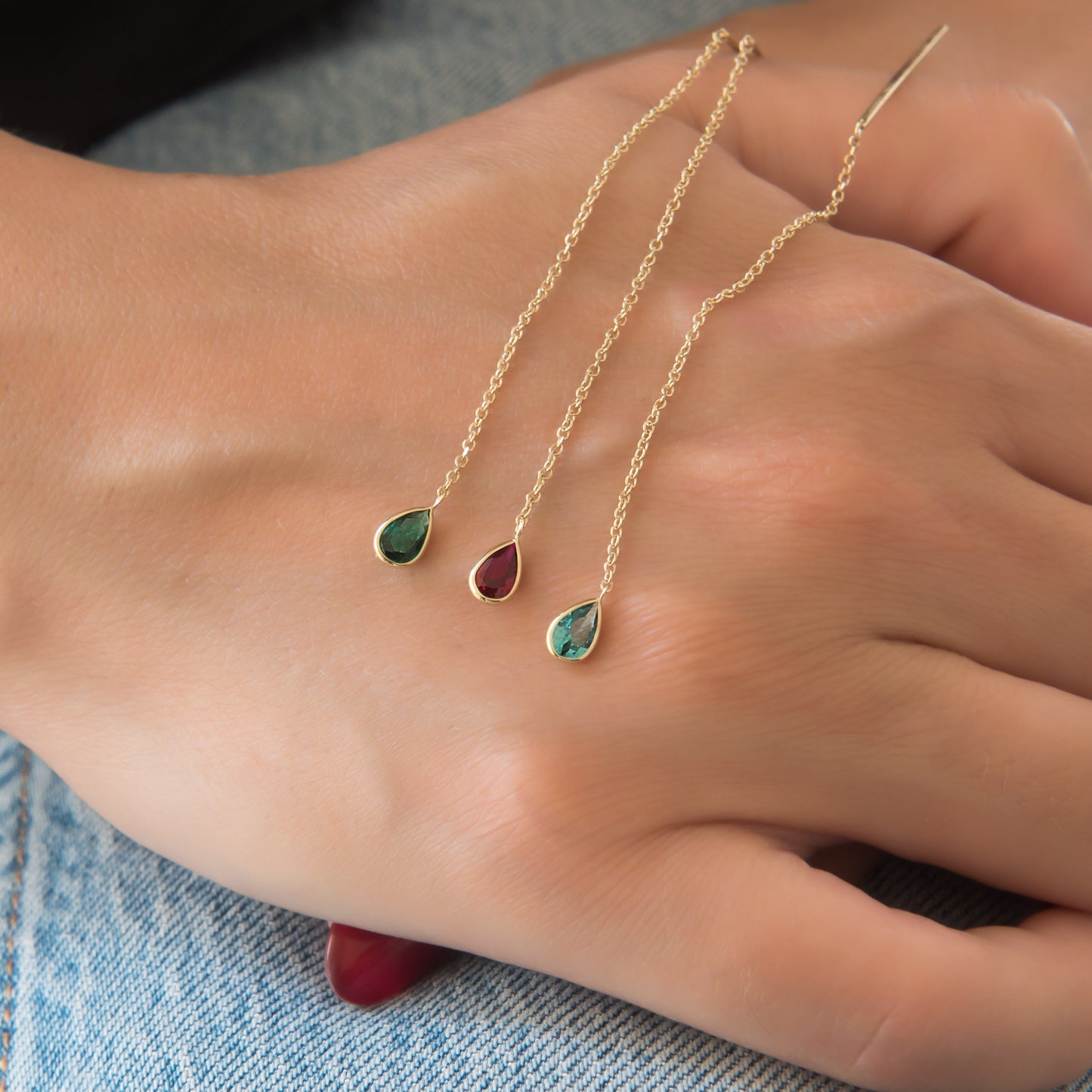 Solid Gold Threader Birthstone Earrings – Pear Shaped Gemstone Chain Earrings