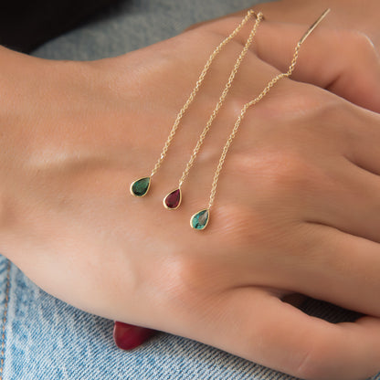 Solid Gold Threader Birthstone Earrings – Pear Shaped Gemstone Chain Earrings