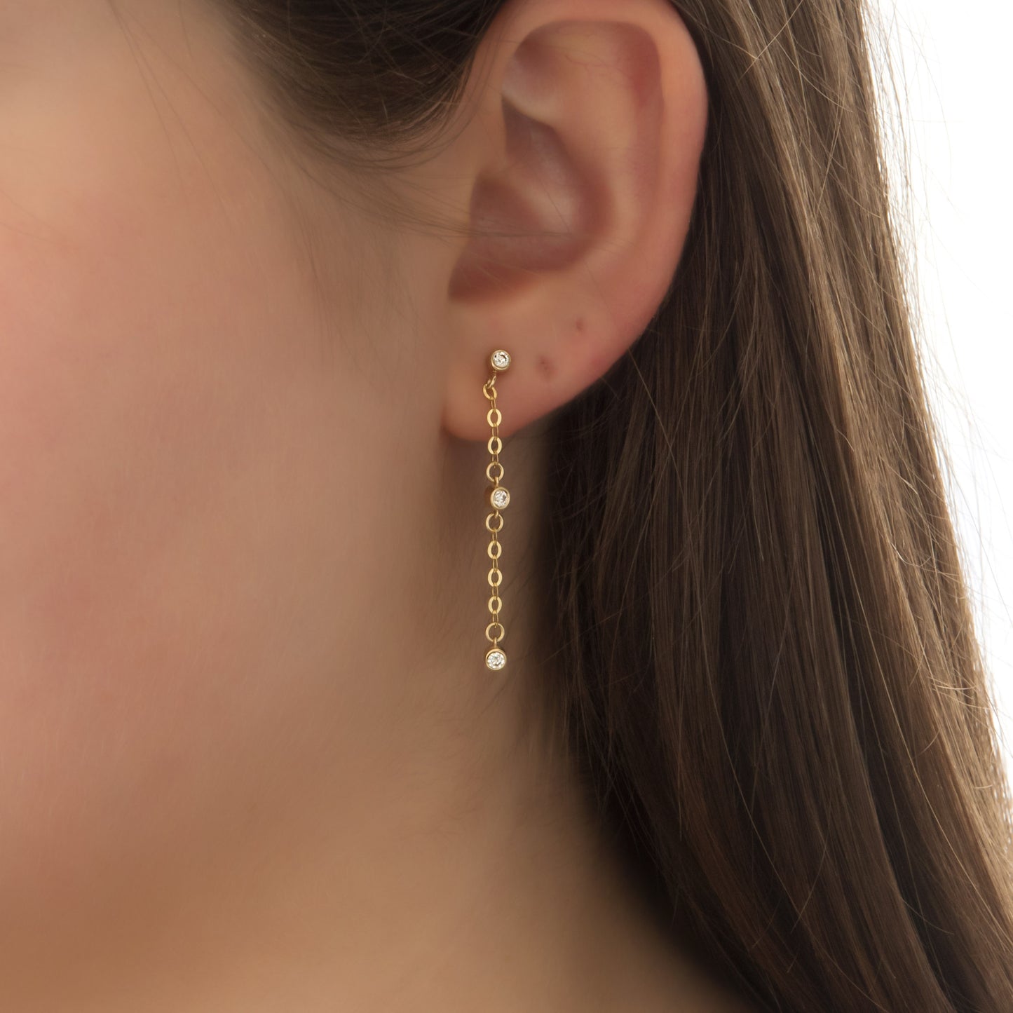 14K Solid Gold Diamond Chain Drop Earrings – 3 Lab-Grown Diamond Dangle Earrings