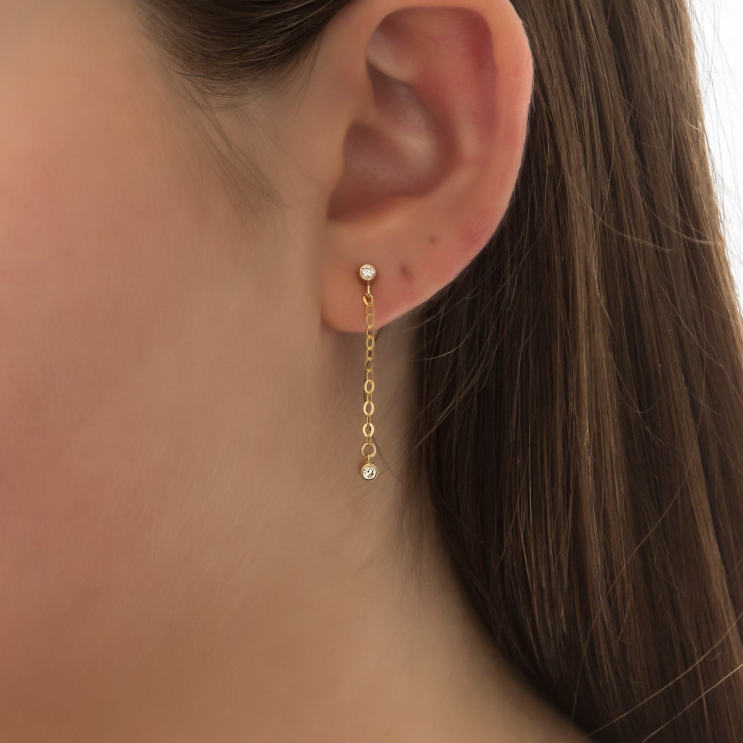 14K Solid Gold 2-Diamond Chain Drop Earrings – Lab-Grown Diamond Dangle Earrings