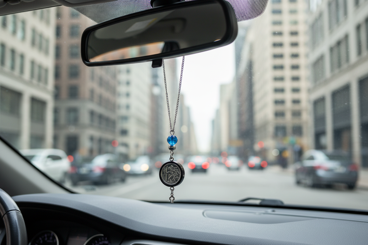 Black Saint Christopher Car Mirror Charm