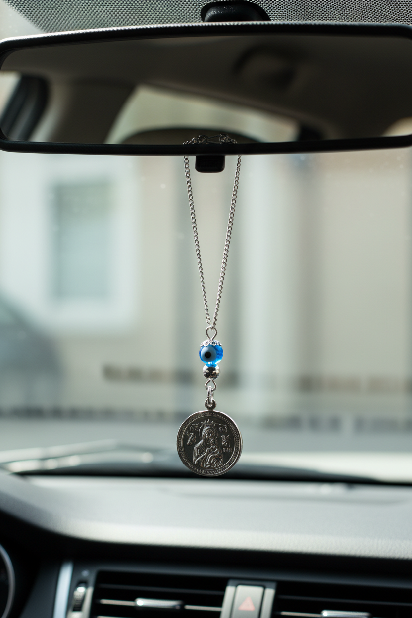 Car dashboard with a hanging pendant and blue bead