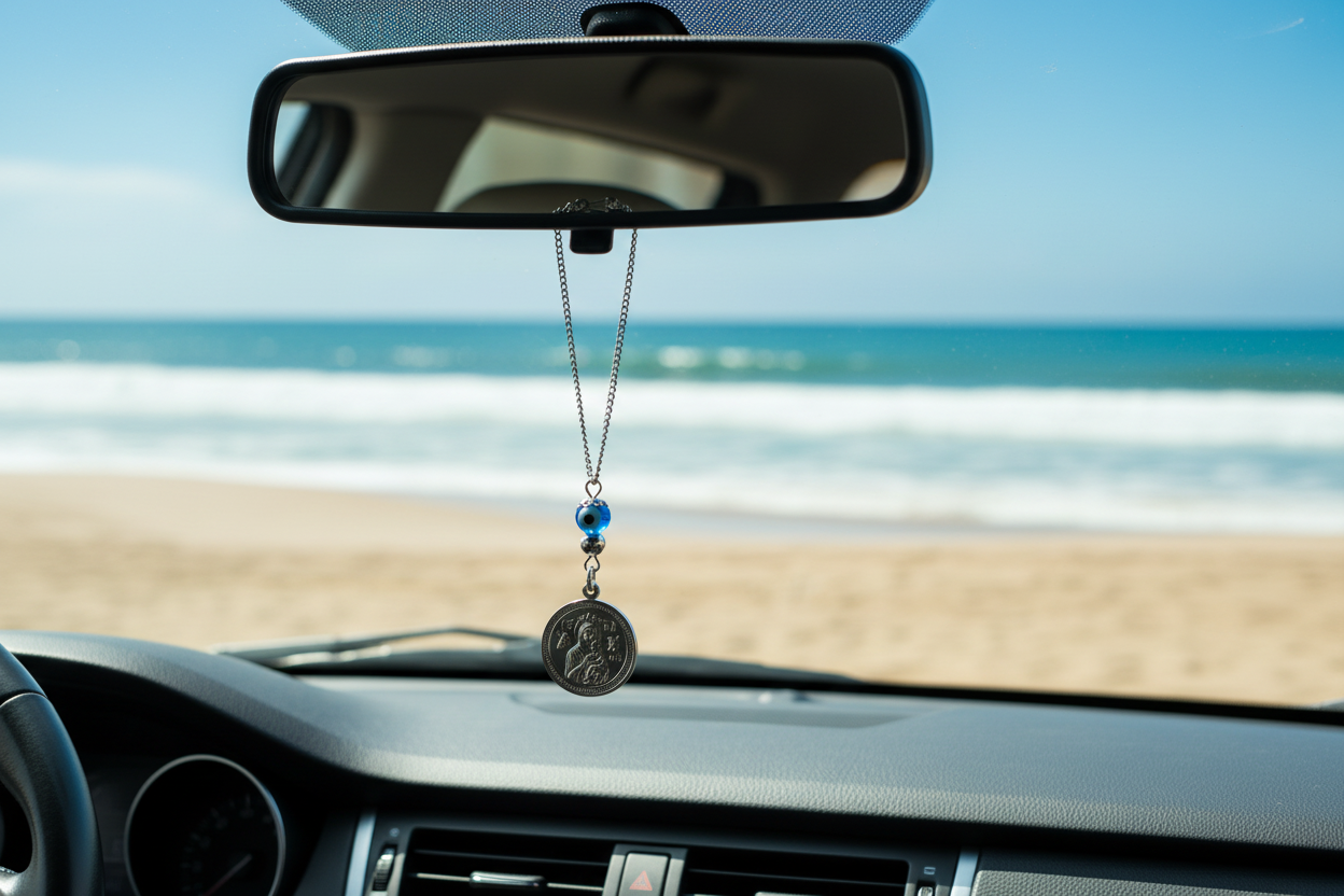 Car interior with a rearview mirror and a decorative hanging charm, beach view outside.