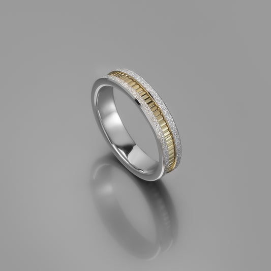 Two Tone Sterling Silver & Solid Gold Ribbed and Matte Band Ring