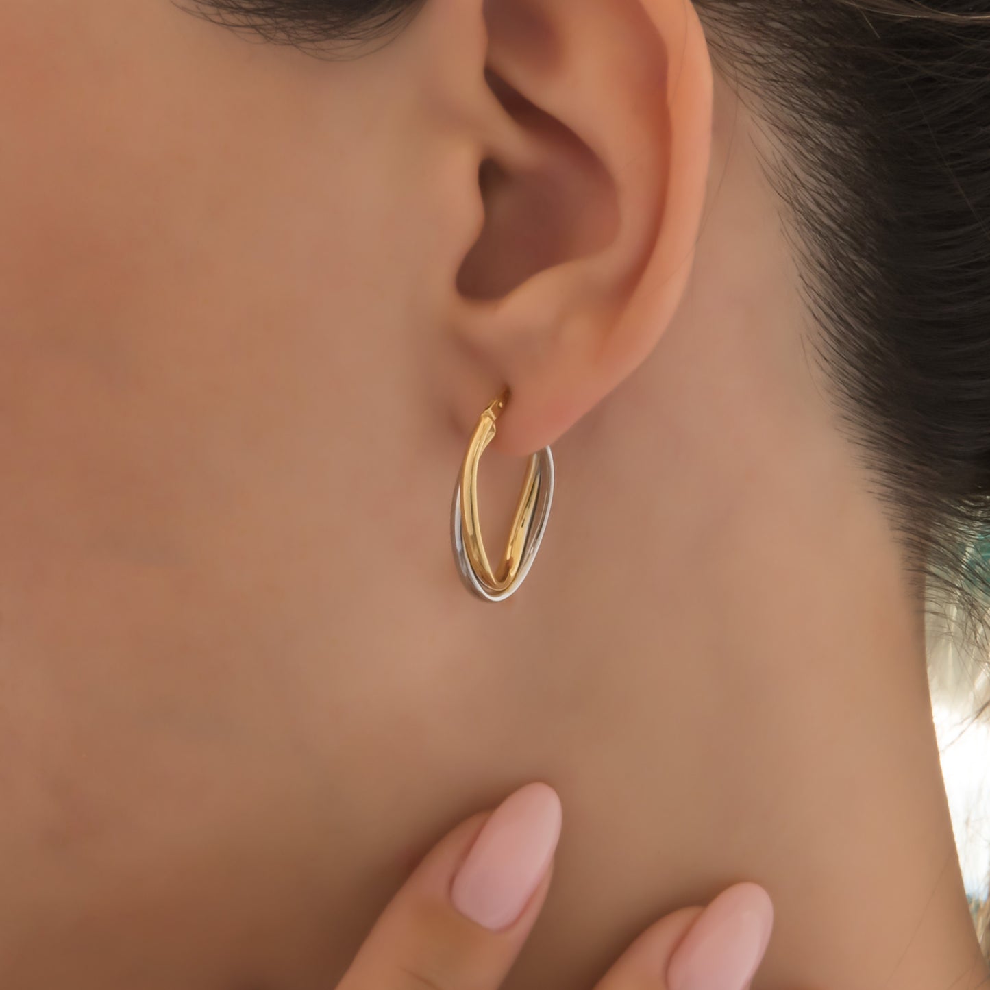 14K Two-Tone Gold Crossover Hoop Earrings – Intertwined Oval Hoops