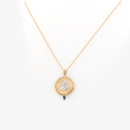 Gold Holy Mary Necklace with Marquise Shape Gem