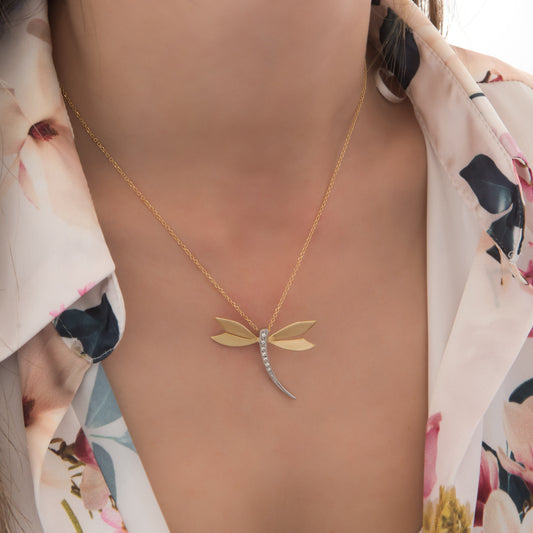 Two-Tone Dragonfly Necklace with CZ Stones