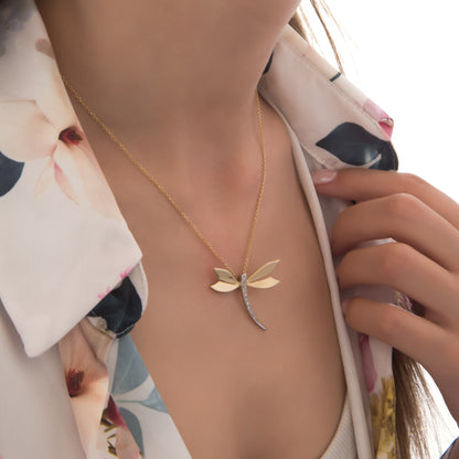 Two-Tone Dragonfly Necklace with CZ Stones