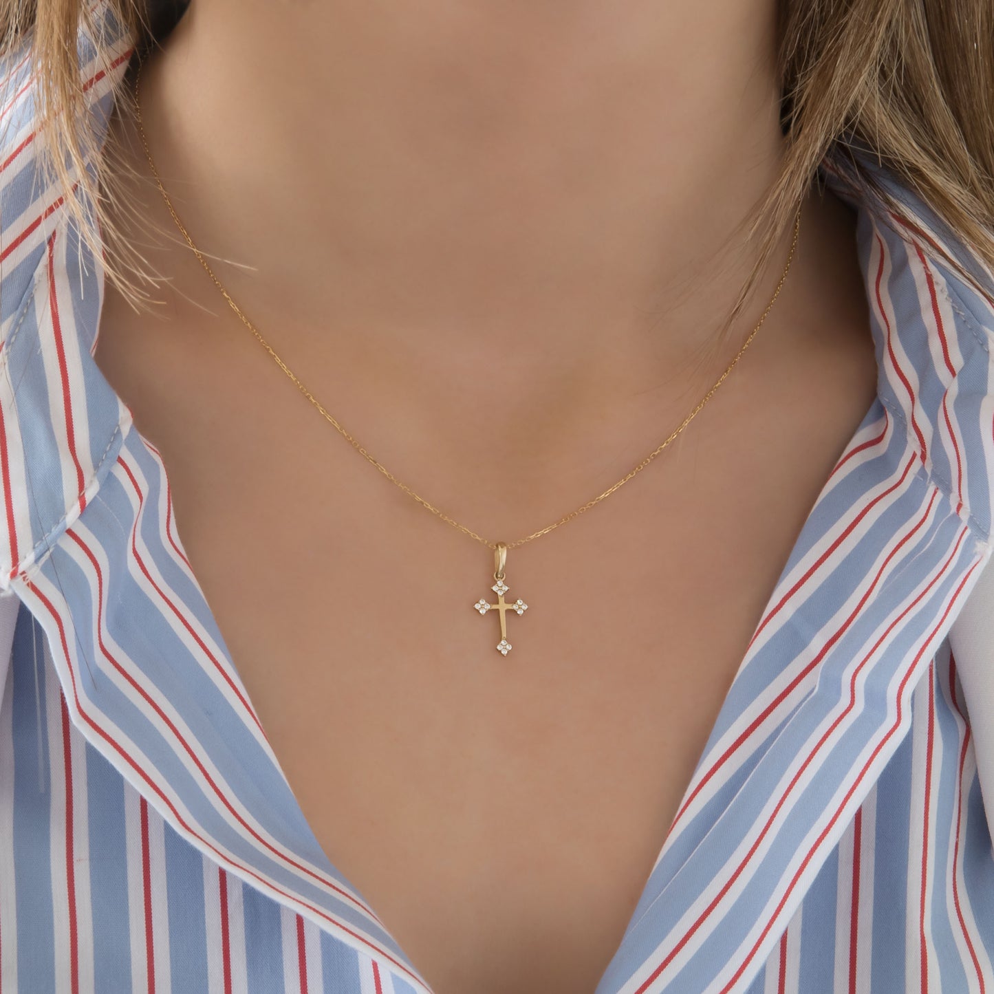 Solid Gold 14k Cross Necklace with Petal Ends