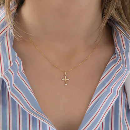 Solid Gold 14k Cross Necklace with Petal Ends