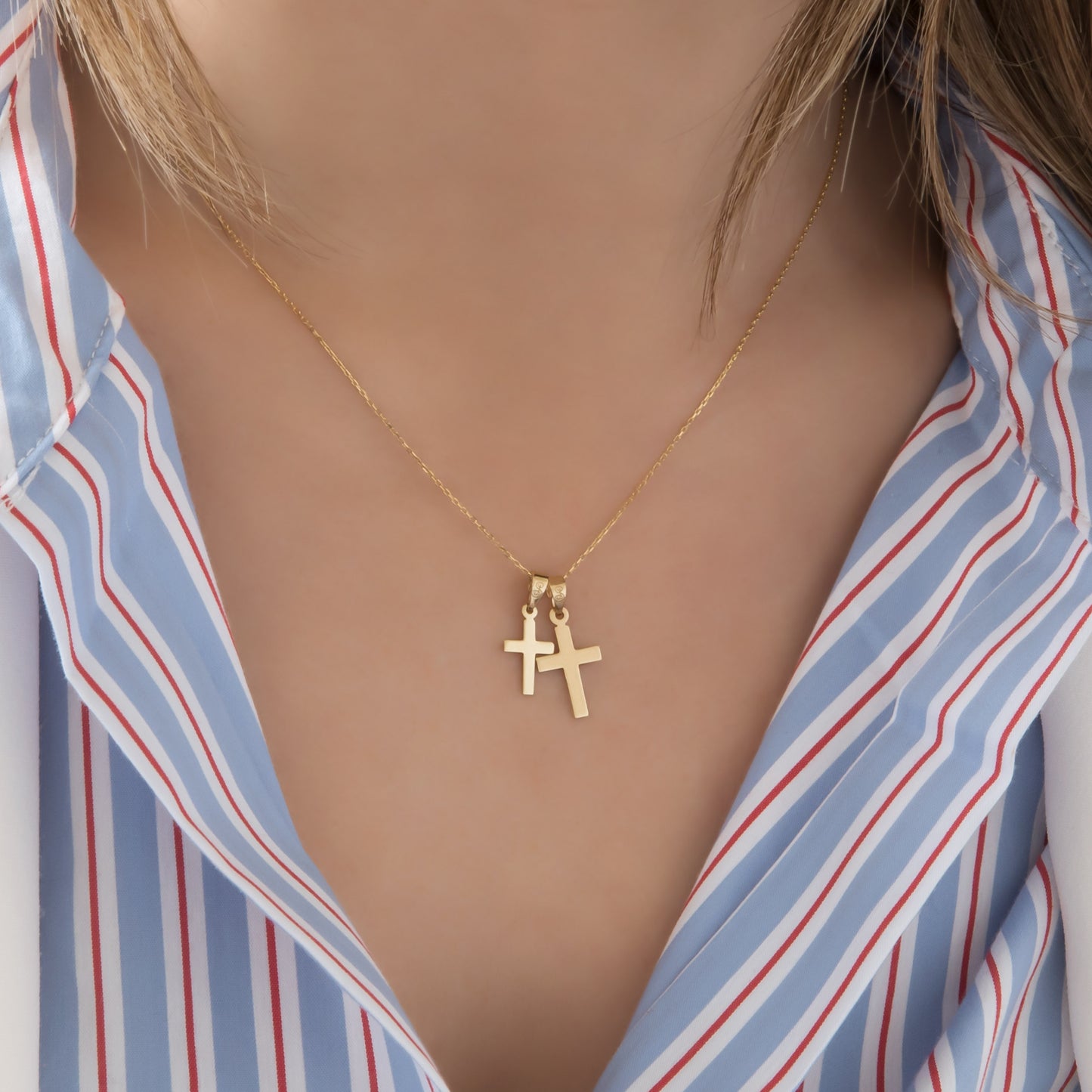 Dainty Solid Gold Cross Necklace Double-Sided Pendant