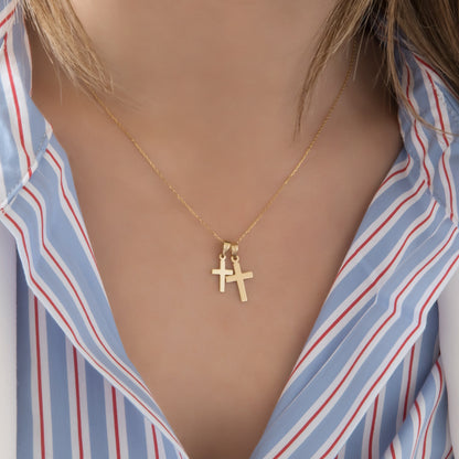 Dainty Solid Gold Cross Necklace Double-Sided Pendant