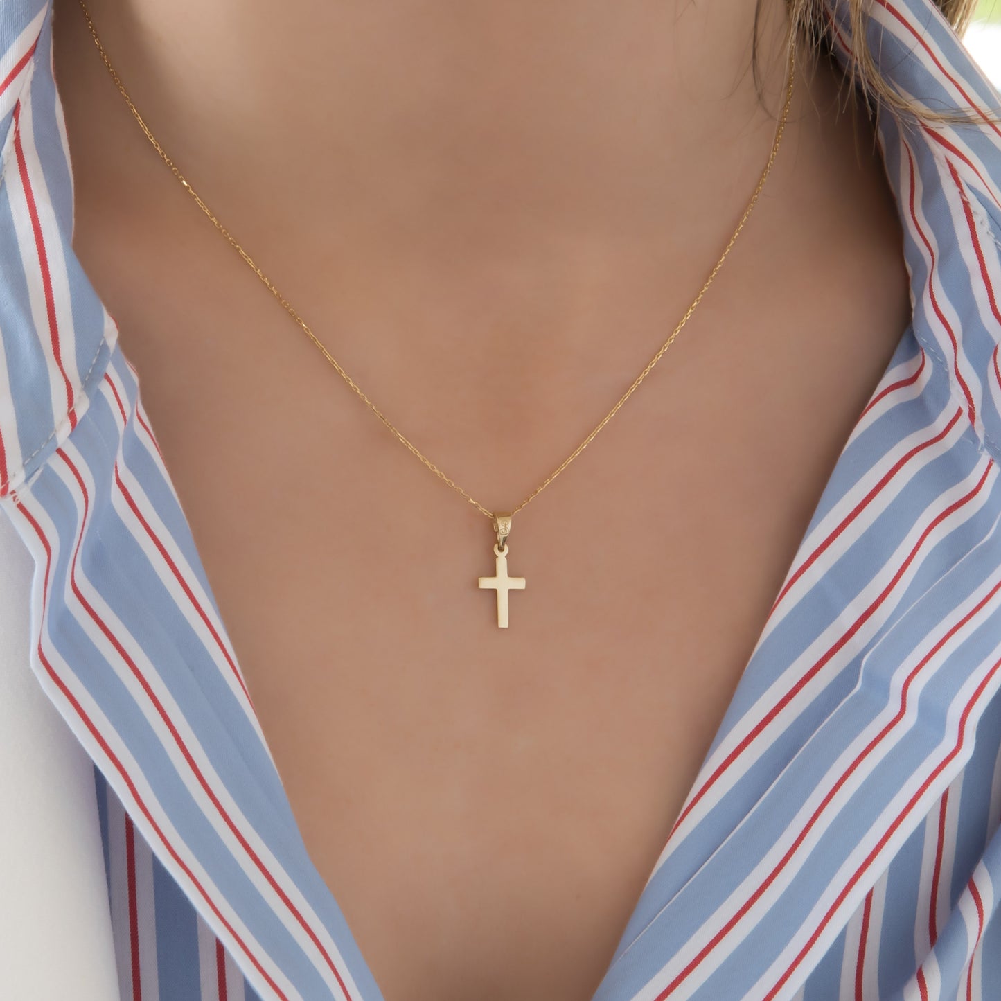 Dainty Solid Gold Cross Necklace Double-Sided Pendant