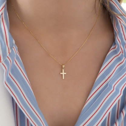 Dainty Solid Gold Cross Necklace Double-Sided Pendant