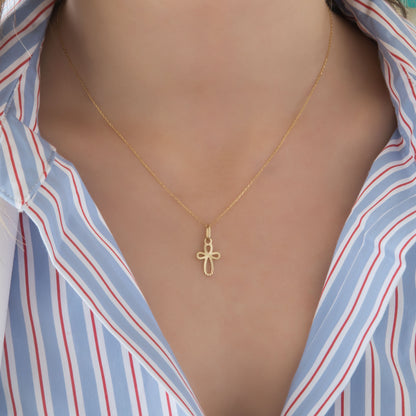 Solid Gold Open Cross Necklace with Diamond-Cut Teardrop Design
