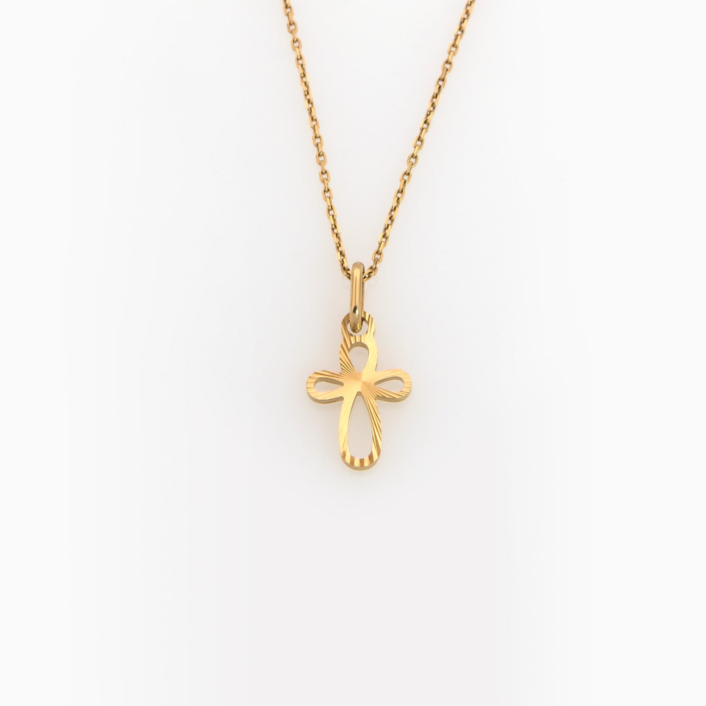 Solid Gold Open Cross Necklace with Diamond-Cut Teardrop Design