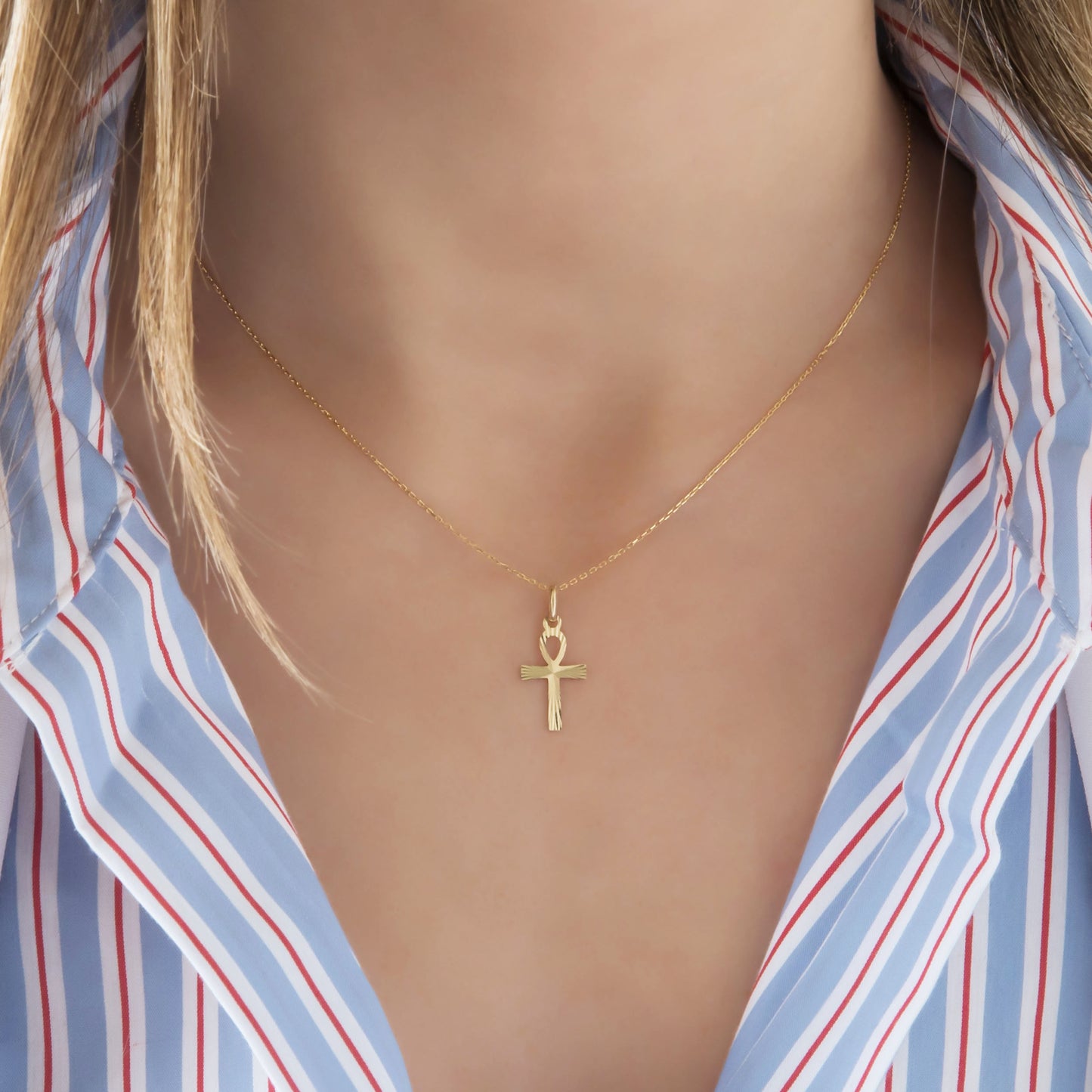 Solid Gold 14K Ankh Cross Necklace Diamond-Cut Pendant