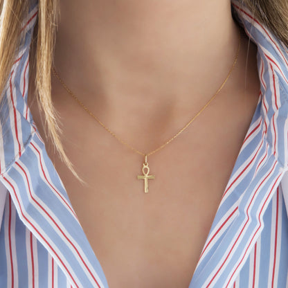 Solid Gold 14K Ankh Cross Necklace Diamond-Cut Pendant