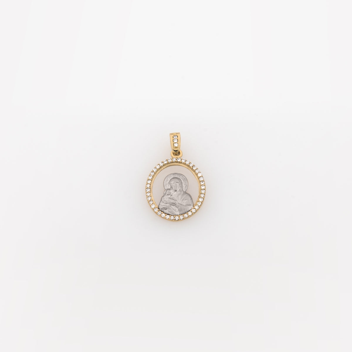 14K Two-Tone Gold Virgin Mary Pendant – Oval Religious Medal with CZ Halo