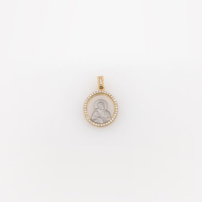 14K Two-Tone Gold Virgin Mary Pendant – Oval Religious Medal with CZ Halo