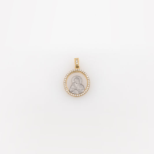 14K Two-Tone Gold Virgin Mary Pendant – Oval Religious Medal with CZ Halo