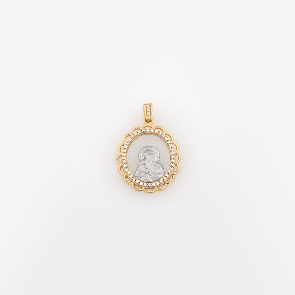 14K Two-Tone Gold Virgin Mary Medal – Vintage Oval Pendant with CZ Halo